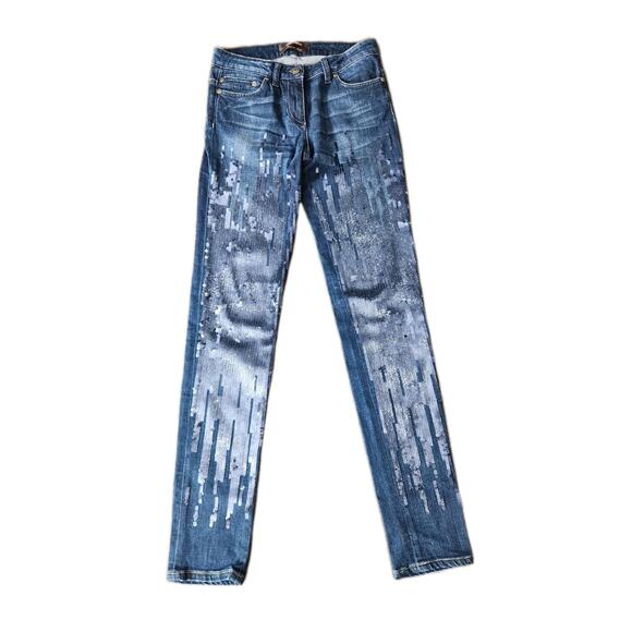 Roberto Cavalli Vtg Y2K Dark Blue Embellished Sequin Denim Low